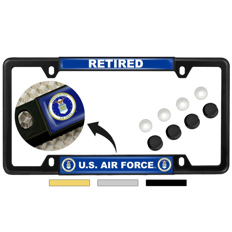 BestLicensePlateFrames [Officially Licensed Product] - USAF - U.S. Air Force Retired - Domed Custom-Made Personalized Narrow (Thin) Top 4 Hole Metal Car License Plate Frame with Free caps - Black Frame (Qty: 1) - Image 1